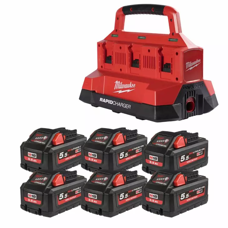 Milwaukee M18 PC6 Akku-laturipaketti Packout sis. 6x HB5.5 Akut - Akku-laturipaketit - M18PC6HB556 - 1