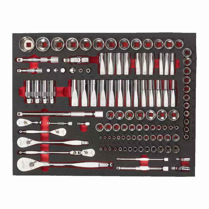 MILWAUKEE Hylsy + räikkä sarja työkaluvaunuun 1/4", 3/8" ja 1/2", 119 osaa - Moduulit työkaluvaunuihin - MW498518 - 1