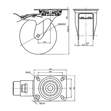 Kääntöpyörä Jarrulla 160mm Musta - Vaunu- ja kalusterenkaat - X008191C - 2
