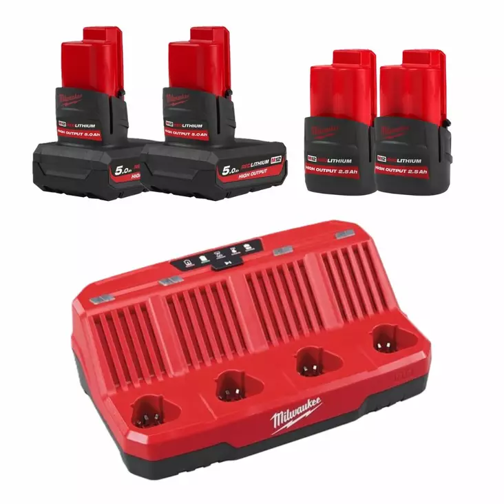 Milwaukee M12 Akku+laturipaketti, 2x 2,5Ah + 2x 5Ah akut + laturi - Akku-laturipaketit - MWM12C4NRGPAK - 1